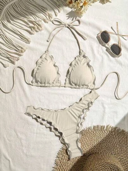 White Ruffled Trim Bikini Set