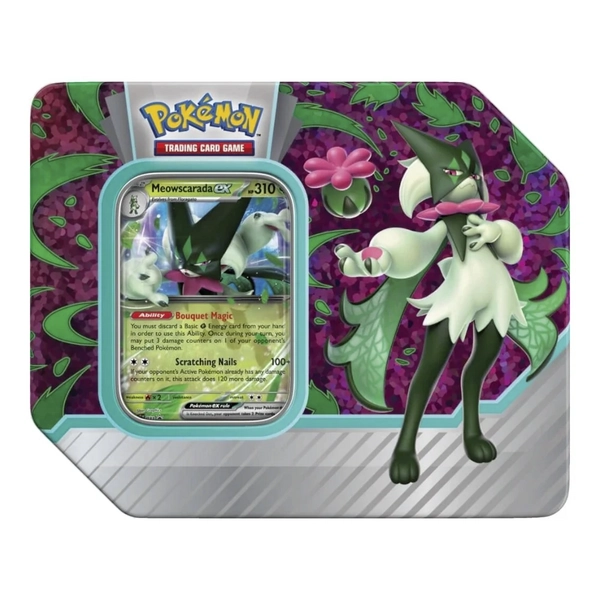 Pokemon TCG: Paldea Partners Tin Meowscarda EX with 5 Booster Packs