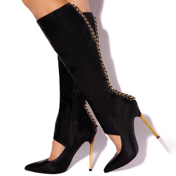 Black Sexy Cut Out Stiletto Heel Knee High Boots with Metal Chains