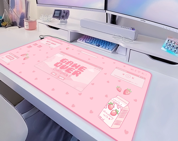 Kawaii desk mat pink, Cute mousepad anime, xxl gaming deskmat RGB led, Pastel strawberry milk game over custom, Aesthetic mouse pad xl big