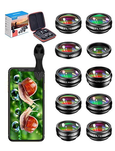APEXEL 11in1 Kit obiettivo grandangolare e macro+obiettivo fisheye + teleobiettivo+caleidoscopio/CPL/flusso/radiale/filtro a stella+otturatore per iPhone e la maggior parte degli smartphone - APL-DG10S