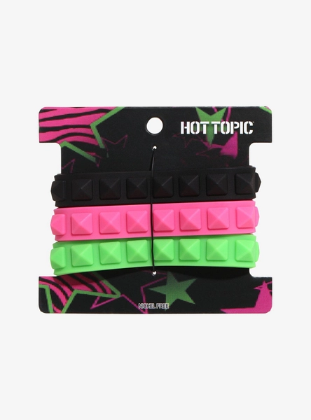 Black & Neon Spike Rubber Bracelet Set