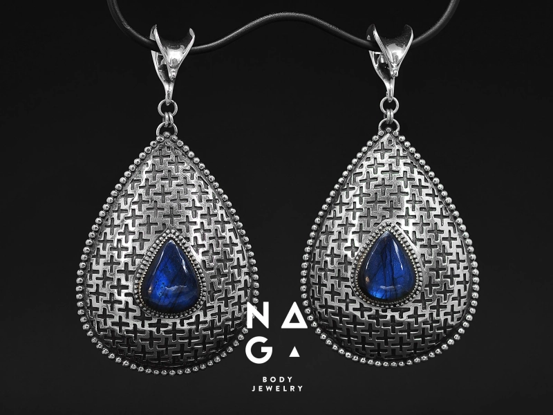 1 Pair of LABRADORITE silver ear weights, ear hangers, tribal ear weights