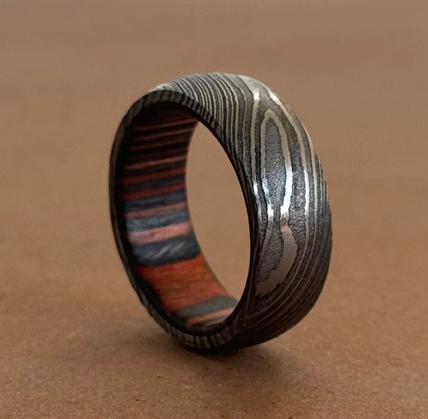 Damascus Steel Whiskey Barrel Dome Ring Engagement Ring Wedding Ring Wood Wedding Band Promise Ring Wood Inlay Damascus Steel Ring Him Her