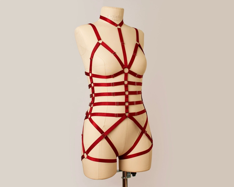 The Vanessa harness set / wine red body cage / choker strappy lingerie / open bottoms / crotchless playsuit bodysuit /  underwear