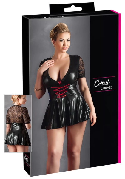 Cottelli Plus Size - sjajna haljina s crvenim korzetom (crna)