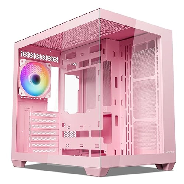 Vetroo AL900 ATX PC Case with 270° Full View Tempered Glass, Pre-Installed ARGB & PWM FDB Fan, Supports 360mm Radiator & 10 Fans, Type-C Ready, for 40 Series GPUs (Pink) - Pink