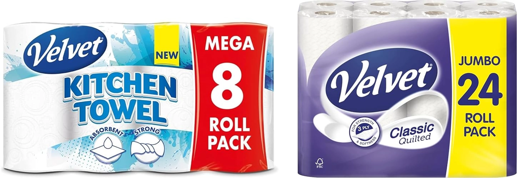 Velvet Kitchen Towels, Mega Pack (8 Rolls) + Velvet Classic Toilet Paper, Jumbo Pack, White (24 Rolls)