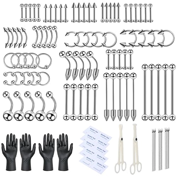 114 PCS Body Piercing Kit, Stainless Steel Industrial Piercing Kit with 14G 16G 18G Piercing Needles Clamps for Belly Button Lip Tongue Nose Septum Ear Cartilage Body All Professional Piercings