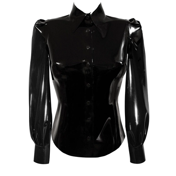 Latex Puff Sleeve Blouse w/ Smart Collar in supatex black