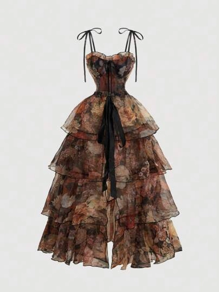 SHEIN MOD Vintage Orange Full Body Floral Print Gorgeous 2in1 Dress With Detachable Multiple Skirts - Palace Style,Birthday Dress,Cruise Dress,Stacked Dress, Dress,Summer Dresses For Women,Tea Party Dress