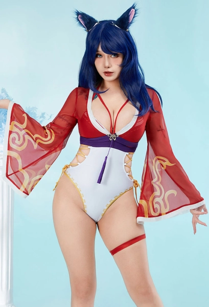 Ahri Derivative One Piece Swimsuit Cross Straps One Piece Bathing Suit with Chiffon Cover-up and Ears