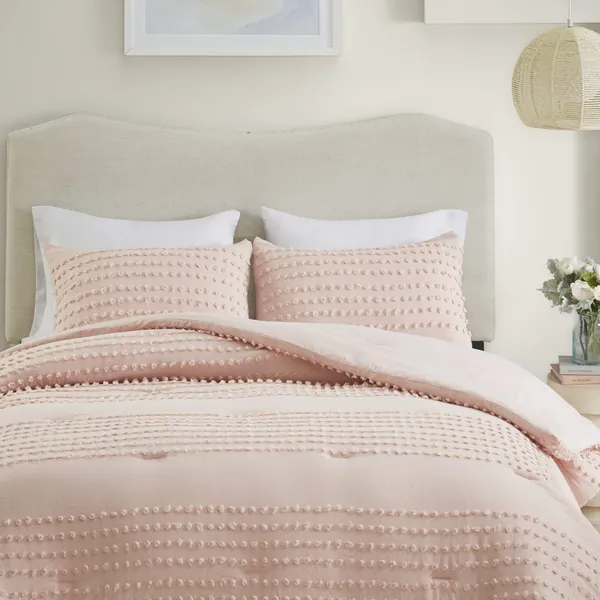 Comfort Spaces 100% Comforter Set Cotton Jacquard Pom Tufts Design Hypoallergenic Down Alternative, All Season Modern Bedding, Matching Shams, Full/Queen, Phillips, Blush