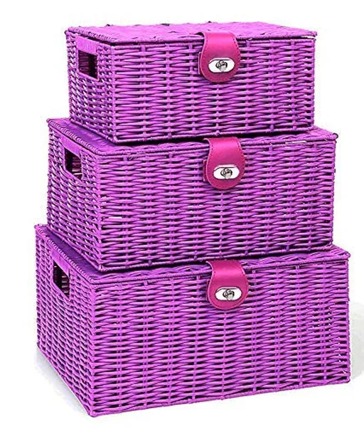 ViDiStorex Set of Three Resin Woven Storage Basket Box with Attached Lid & Lock, White, Large, Medium and Small. Decorative 3-Pack Hamper Basket, Ideal for Home Organization and Kids Room (Purple)