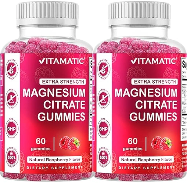 2 Pack Vitamatic Extra Strength Magnesium Gummies 255 mg (Elemental Mg) per Serving - 60 Vegan Gummies - Promotes Healthy Relaxation, Muscle, Bone, & Energy Support (Total 120 Gummies)