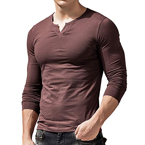 JEEING GEAR Men Long Sleeve Athletic Shirts Slim Fit Cotton V Neck - Medium - Brown