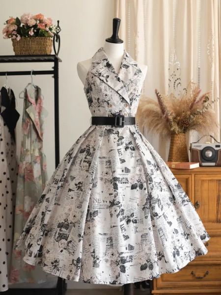 [$84.50]Newspaper Print 1950s Retro Fashion Blazer Collar Summer Dress