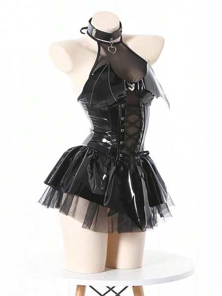 1pc Halloween COS Japanese Secondary Cos Witch Cosplay Costumes Female Imp See-Through Skirt Pure Desire Hot Girl Uniform Sexy Nightclub Party Festival Costume Props Erotic Costumes PU Leather Material Black Friday Demon Osplay Demon Patent Leather Suit Secondary Bat Imp Party Make-Up Party Performance Costume Sexy Magic