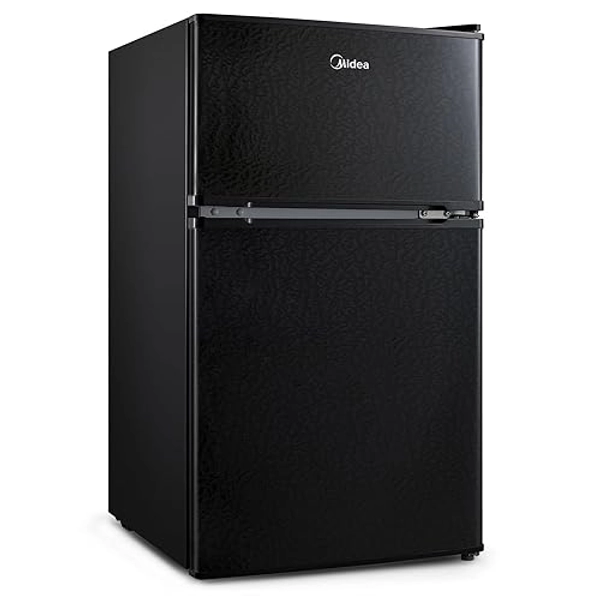 Midea WHD-113FB1 Double Door Mini Fridge with Freezer for Bedroom Office or Dorm with Adjustable Remove Glass Shelves Compact Refrigerator, 3.1 cu ft, Black