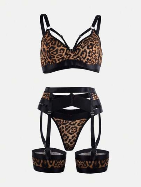 Women's Sexy Lingerie Bra Leopard Print Nightclub Wild Stage Show Costume 3 Pcs Set