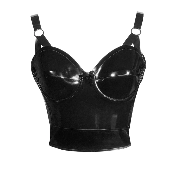 Latex 50’s Cup Basque Top w/ Belt, Single Trim, Flexibone in supatex black/supatex black