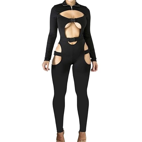 sedmoda Women Sexy Bodycon Buckle Jumpsuits Long Sleeve Hollow Out One Piece Outfits Party Club Rompers