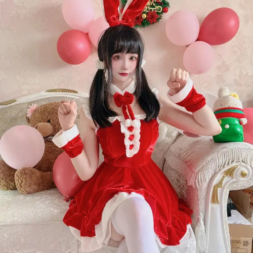 Santa Claus and Bunny Dress with Matching Headband and Cffs - Red / L