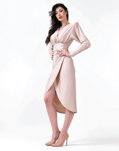 Beige Midi Dress With Corset And V-Neck