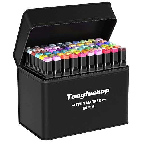 Tongfushop 60 Colored Marker Set, Colouring Pens for Adults, Art Felt Tip Pens, Dual Tip Permanent Alcohol Markers for Drawing, Sketching, Anime, Manga, Fun doodling with Carrying Case & Storage Base - 60