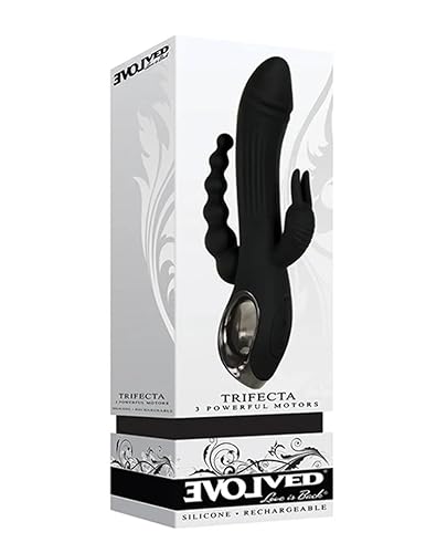 Evolved Love Is Back - Trifecta - 3 Powerful Motors - Rechargeable Silicone Rabbit-Style Triple Stimulator - Anal, Vaginal & Clitoral - Black