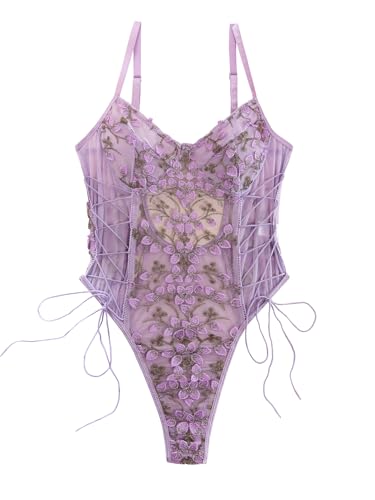 Lilosy Women Sexy Lace Up Floral Embroidered Teddy Lingerie Bodysuit Top Mesh Sheer One Piece - X-Large - Lavender Purple