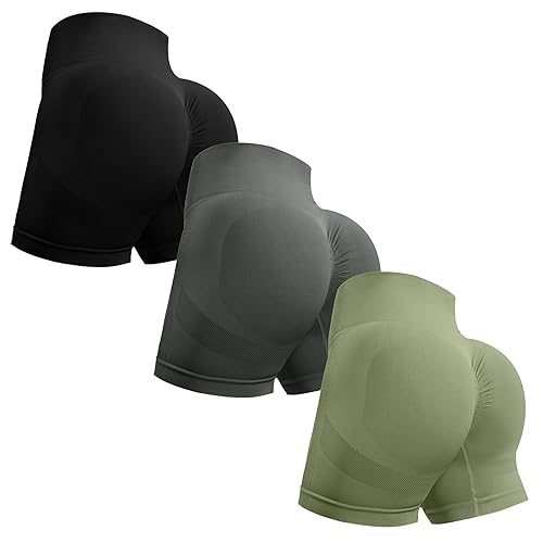 OVESPORT 3 Piece Workout Shorts for Women Seamless Scrunch Butt Lifting High Waisted Yoga Gym Booty Running Short Pants - Medium - Black/Dark Gray/Army Green