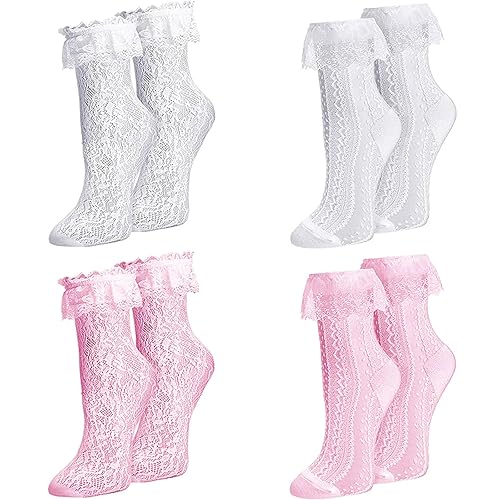 MKYSZLT Womens Lace Ankle Socks Ruffle Frilly Socks,Sexy Mesh Lace Trim Socks Lolita Socks,Lace Ankle High Socks for Women - One Size - 2 Pairs White + 2 Pairs Pink - 4