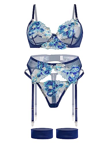 Aranmei Lingerie Set for Women 4 Piece Lingerie Set with Floral Embroidered Lace Sheer Underwire Bra with G-String Thigh Bands with Garter Belt Lingerie Set - S - Blue