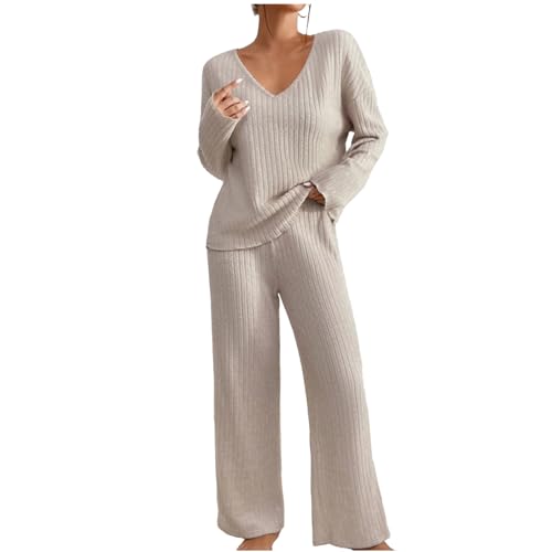 AMhomely Lounge Sets for Women UK Tracksuits Knitted Outfit Oversized Long Sleeve Solid Color Tops Wide Leg High Waist Trousers Pants Fluffy Cosy Pyjamas Holiday Dailywear - 001 Khaki - S