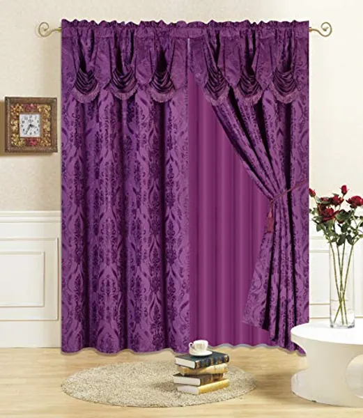 All American Collection New 4 Piece Drape Set with Attached Valance and Sheer with 2 Tie Backs Included (96" Length, Purple)