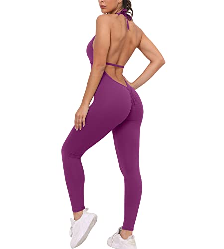 LsdgFriday Womens Nude Feeling Halter Yoga Jumpsuit Solid Seamless Backless Workout Athletic Bodysuit Tracksuit Sport Rompers - Medium - A-purpae