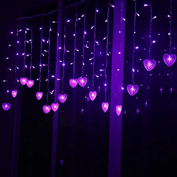 Multi-color 4M 96 LEDS 18P Hearts Love Shape LED String Curtain Light For Christmas Wedding Party Decoration Chandelier Luminarias (Purple)