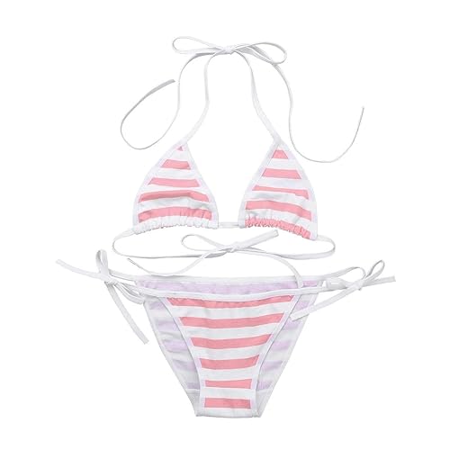 ABAFIP Womens Micro Tanning Bikini Kawaiii Japanese Cute Anime Lingerie set Tiny Bra Thong Panty Bottom Extreme Swimsuit - One Size - Pink Stripe