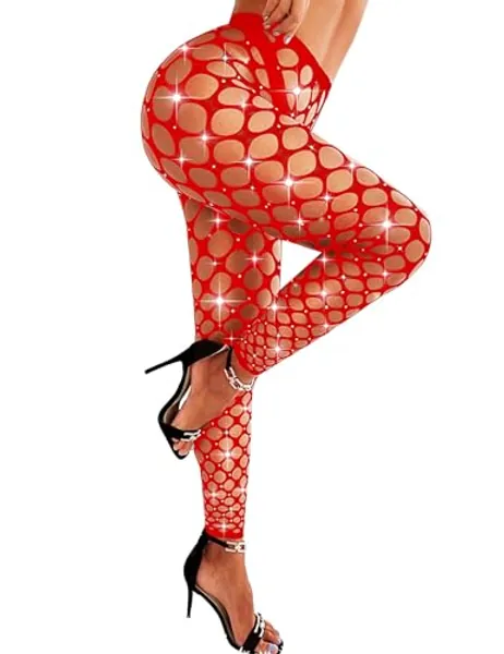 RSLOVE Womens High Waist Tights Fishnet Stockings Sparkly Rhinestone Thigh High Pantyhose With Bling Crystals