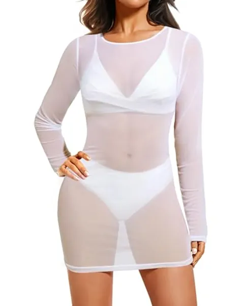 Daci Women's Sexy Sheer Mesh Swimsuit Cover up with Long Sleeves Beach Dress Bodycon Style