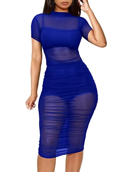 Lrady Women's Rhinestone Mesh Fishnet Bodycon Club Dress See Through Beach Swimwear Bikini Cover Up