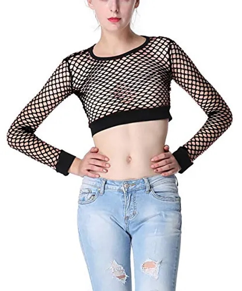 Ypser Women's Fishnet Mesh Crop Tops Long Sleeve Sheer Net T-Shirt Tee