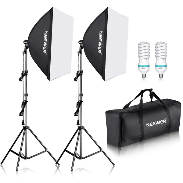 NEEWER 700W Equivalent Softbox Lighting Kit, 2Pack 5500K CFL Lighting Bulbs, 24x24 inches Softboxes with E27 Socket, Photography Continuous Lighting Kit Photo Studio Equipment