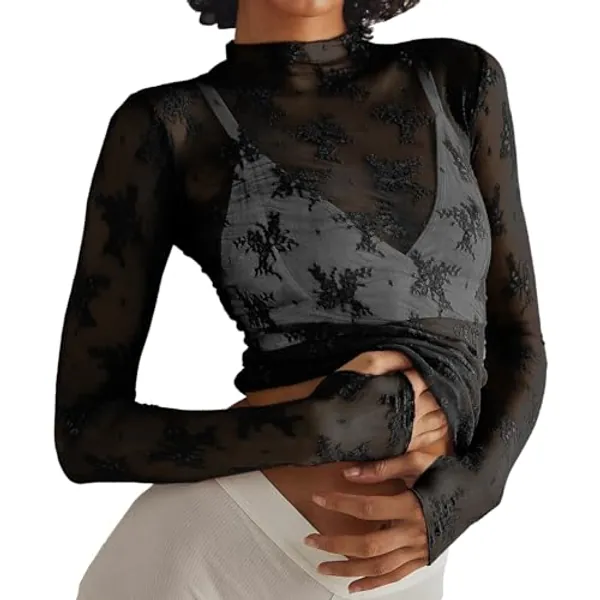 Knstol Mesh Sexy Tops for Women Lace Long Sleeve Tops Floral Sheer Blouse See Through Layering Shirts