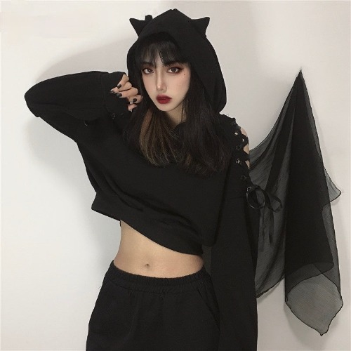 'Ivy' Black Grunge Cat Ear Lace up Hoodie - black / S