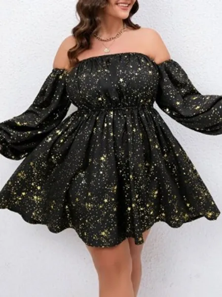 Plus Gold Star Print Off Shoulder Lantern Sleeve Dress
