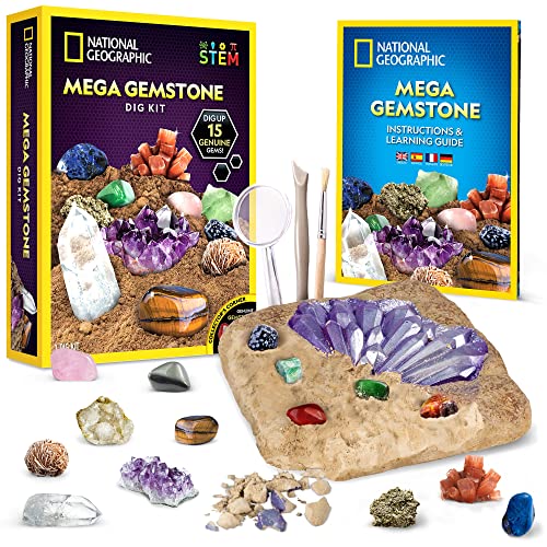 NATIONAL GEOGRAPHIC Mega Dig Kit - Dig Up 15 Real Gemstones and Crystals, Science Kit for Kids, Gift for Girls and Boys - Gemstones