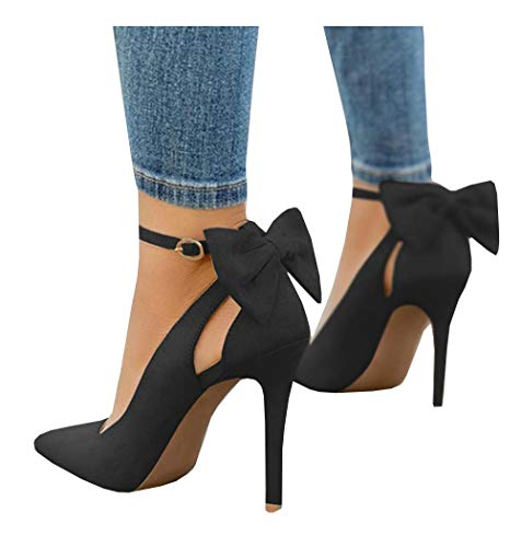 PiePieBuy Women's Pointed Toe High Heels Ankle Strap D'Orsay Pumps Shoes Bow Wedding Bowtie Back Dress Sandals - 8 - Black
