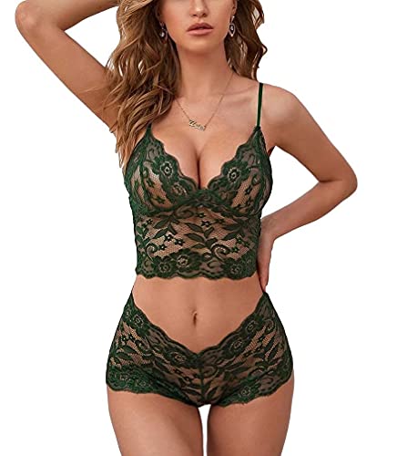 Lilosy Sexy Sheer Floral Lace Pajamas Lingerie Set High Waist Sleepwear Bra and Panty 2 Piece Nightwear - X-Large - Army Green